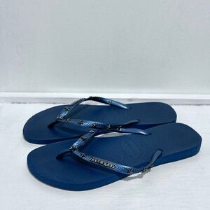 Havaianas Women’s Slim Navy &‎ Gray Flip Flops w/ Metallic Star Studs Size 39/40
